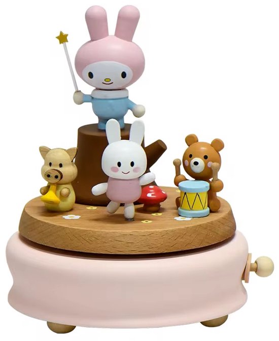 Afecto Muziekdoosje - opwindbaar - hout - Afecto Houten Muziekdoos met Dansende Bosdieren - Konijntje, Beertje en Biggetje - Draaibare Muziekdoos met Pastel Roze Voet - Decoratief Kinder Muziekdoosje voor Baby- en Kinderkamer van Merkloos — afbeelding 2