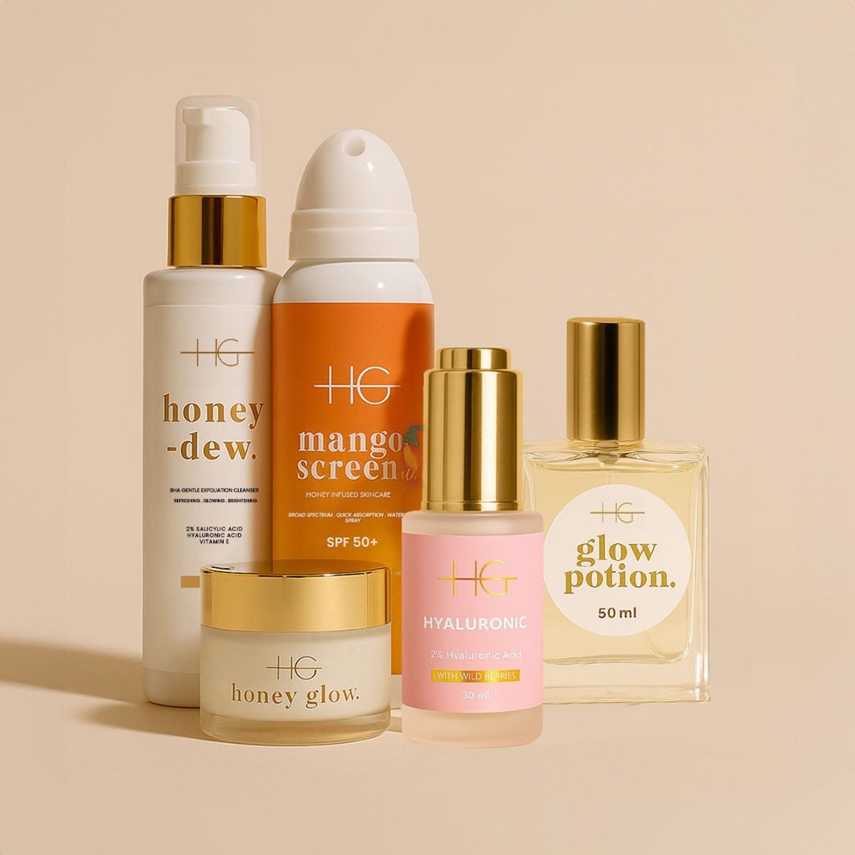 HG Aesthetics Pure Stralingsset – Complete Gezichtsverzorging met Reiniging, 2% Hyaluronzuur Serum, Ceramide Dagcrème SPF 15, Honing Droge Olie en SPF 50+ Zonbescherming