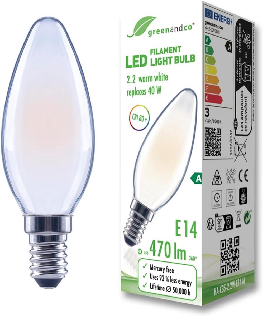 LED Filament Lamp E14 Kaars 40W Vervanger 2.2W Warm Wit Licht Flikkervrij
