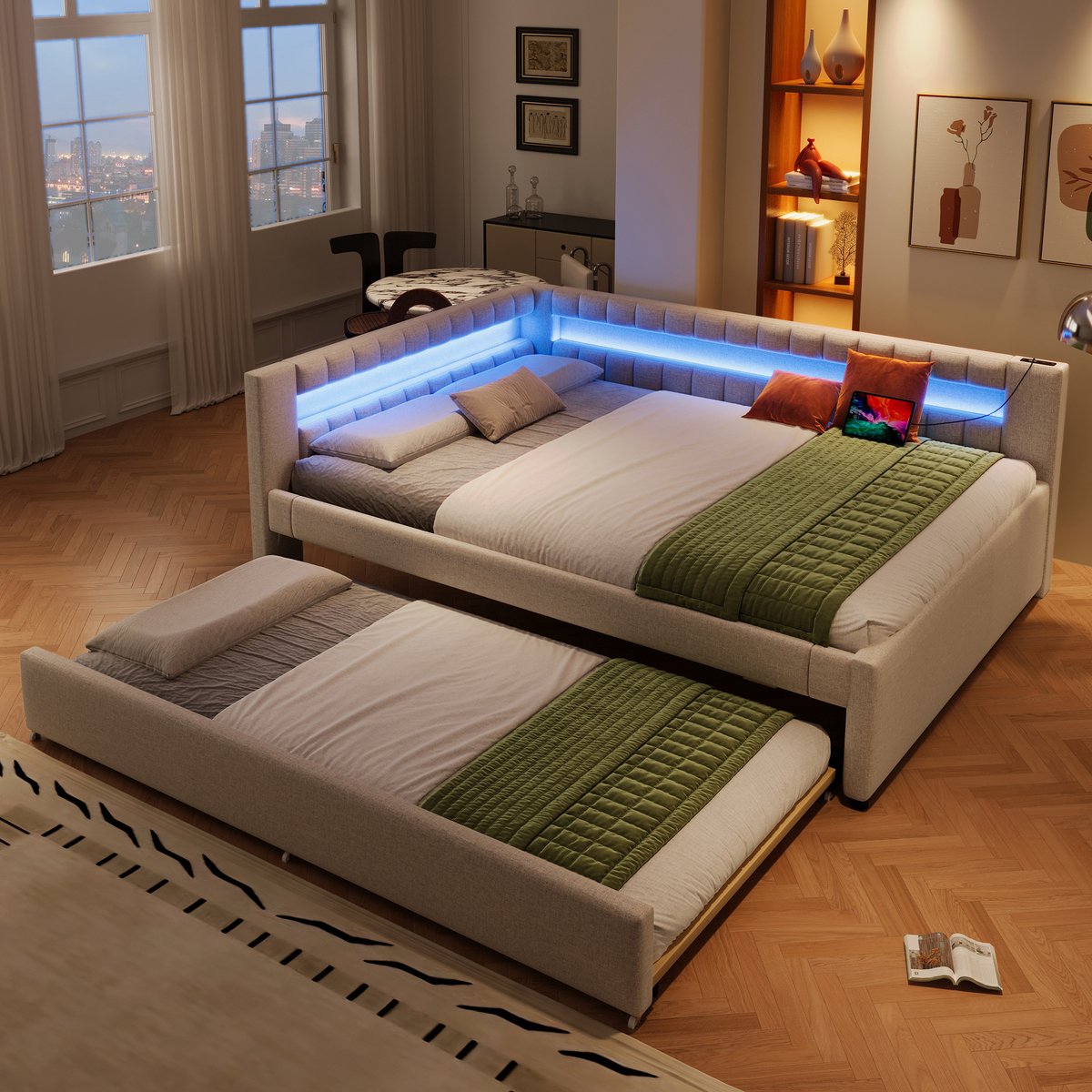 HAUSS SPOLE Daybed 140x200cm - Met LED Lichtstrip En Uitschuifbed - Met USB En Type C - Zonder Matras - Linnen - Beige