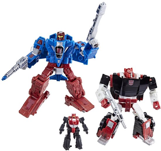 Drie Transformers-figuren in rood, blauw en zwart. De grootste is blauw en rood, de middelste is rood en zwart, de kleinste is zwart en rood.