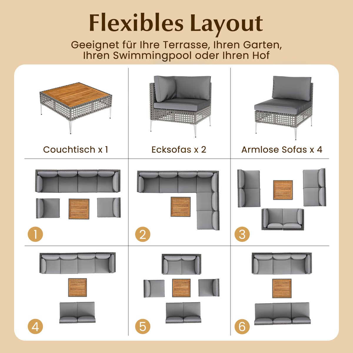 COSTWAY Loungemeubelen voor buiten, rotan tuinlounge met tafel en kussens, vrij te combineren, tuinmeubelset, balkonmeubels, terrasmeubels, zitgroep voor tuin, balkon, terras thumbnail 4