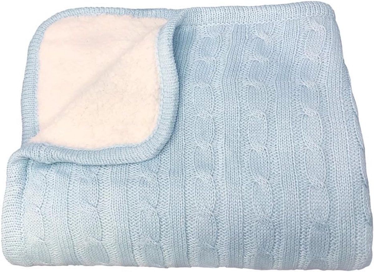 Zachte Kabelgebreide Babydeken met Sherpa Voering Blauw 76x102 cm