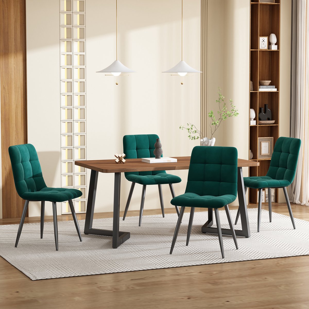 STILVORA Eettafelset Met 4 Stoelen - Moderne Eetgroep Voor Keuken En Eethoek - MDF Walnootlook - Zwarte Metalen Poten - 117×68×75