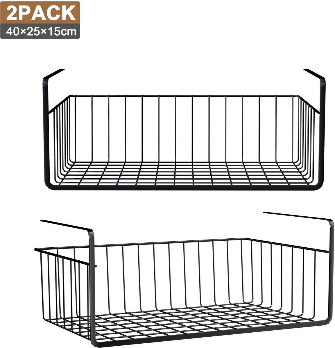 Set van 2 hangende metalen manden voor onderste plank - 40 x 25 x 15 cm - Stabiele opbergmand - Maximale belasting: 6 kg - Voor bureau, boekenkast en kasten NAIZY