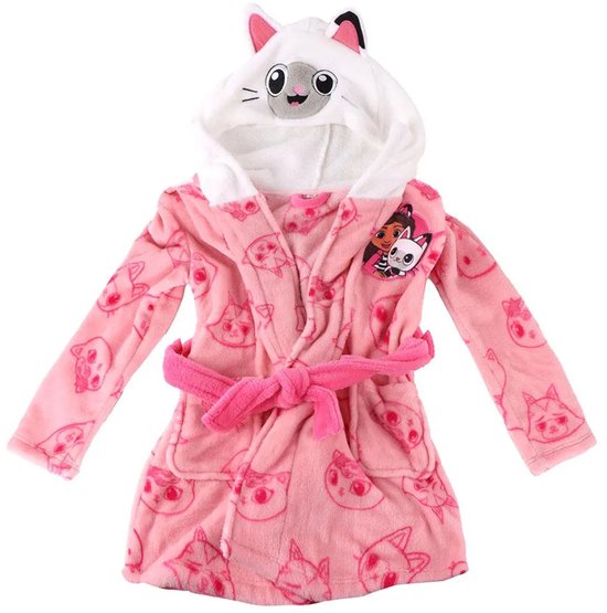 Roze badjas met kattenprint en capuchon met kattengezicht, oortjes en applicatie van Gabby en Pandy Paws.