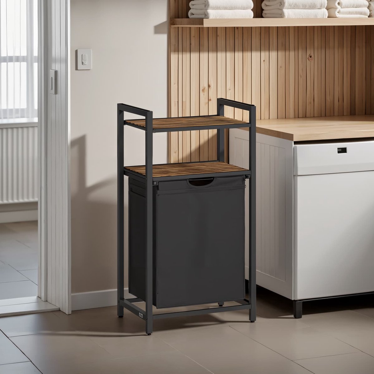 Wasmand – Hout en stof – Rustiek bruin en zwart – Uittrekbare wasmand met 2 schappen, inhoud 65 liter