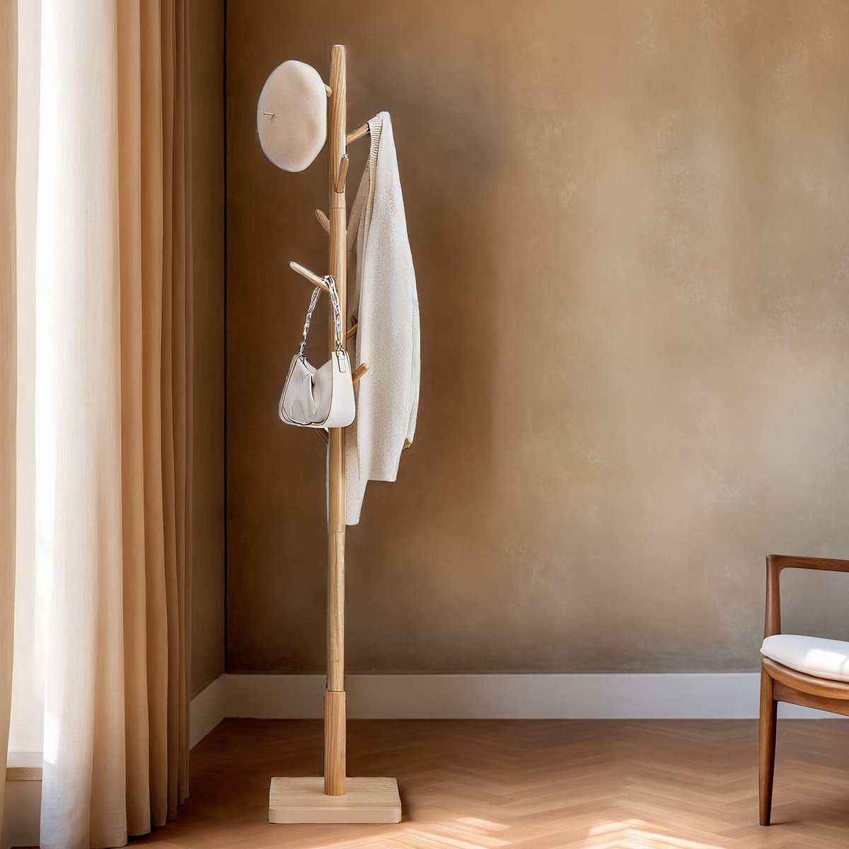 Vrijstaande kapstok – Massief hout – Natuurlijk beige – 8 haken, in hoogte verstelbaar
