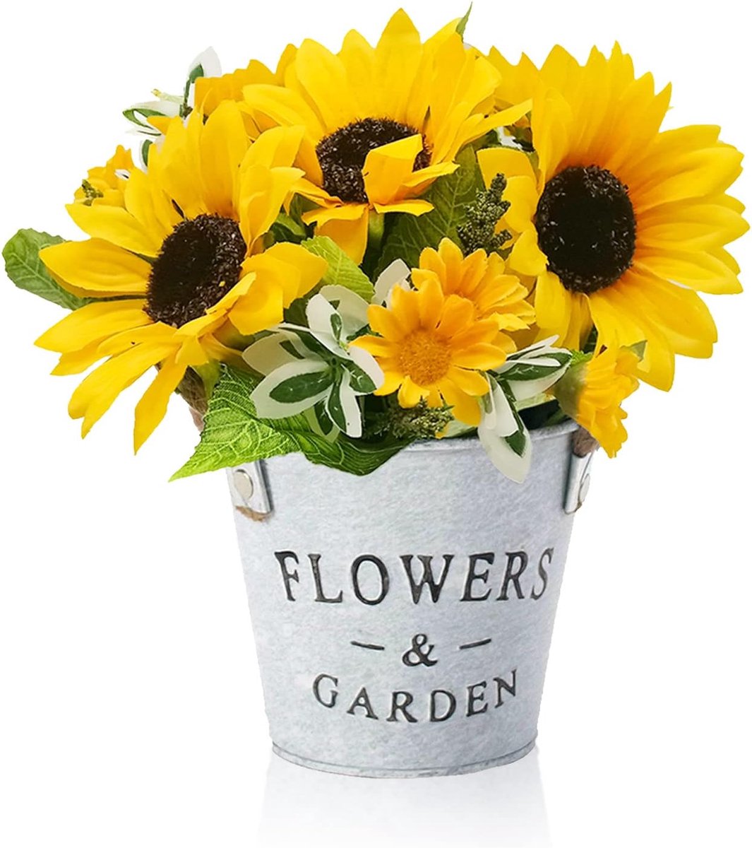 Famanu Decoratieve Kunstbloemen in Pot Metaal Groene Potplanten Mini Kunstmatige Zonnebloemen Bureauplanten Klein Binnen Buiten Decor Huis Kantoor Keuken Tuin Geel
