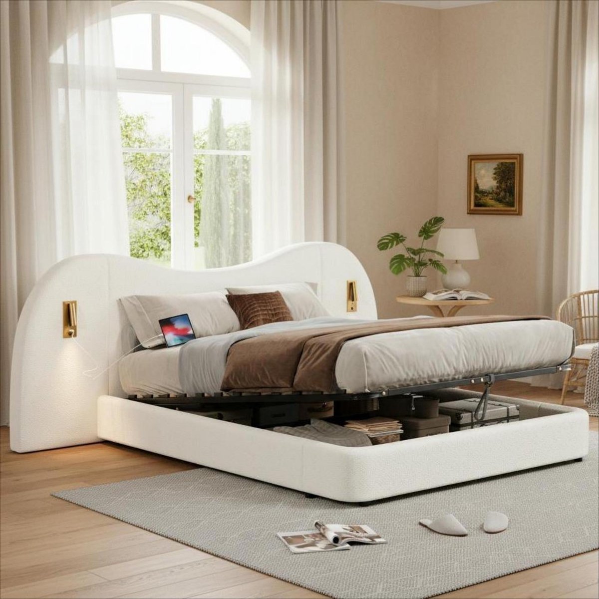Sweiko Gestoffeerd bed - 180 x 200 cm - Bouclé-stof - Hydraulische bed - Met USB-poort - 2 leeslampjes - Opbergruimte - Wit
