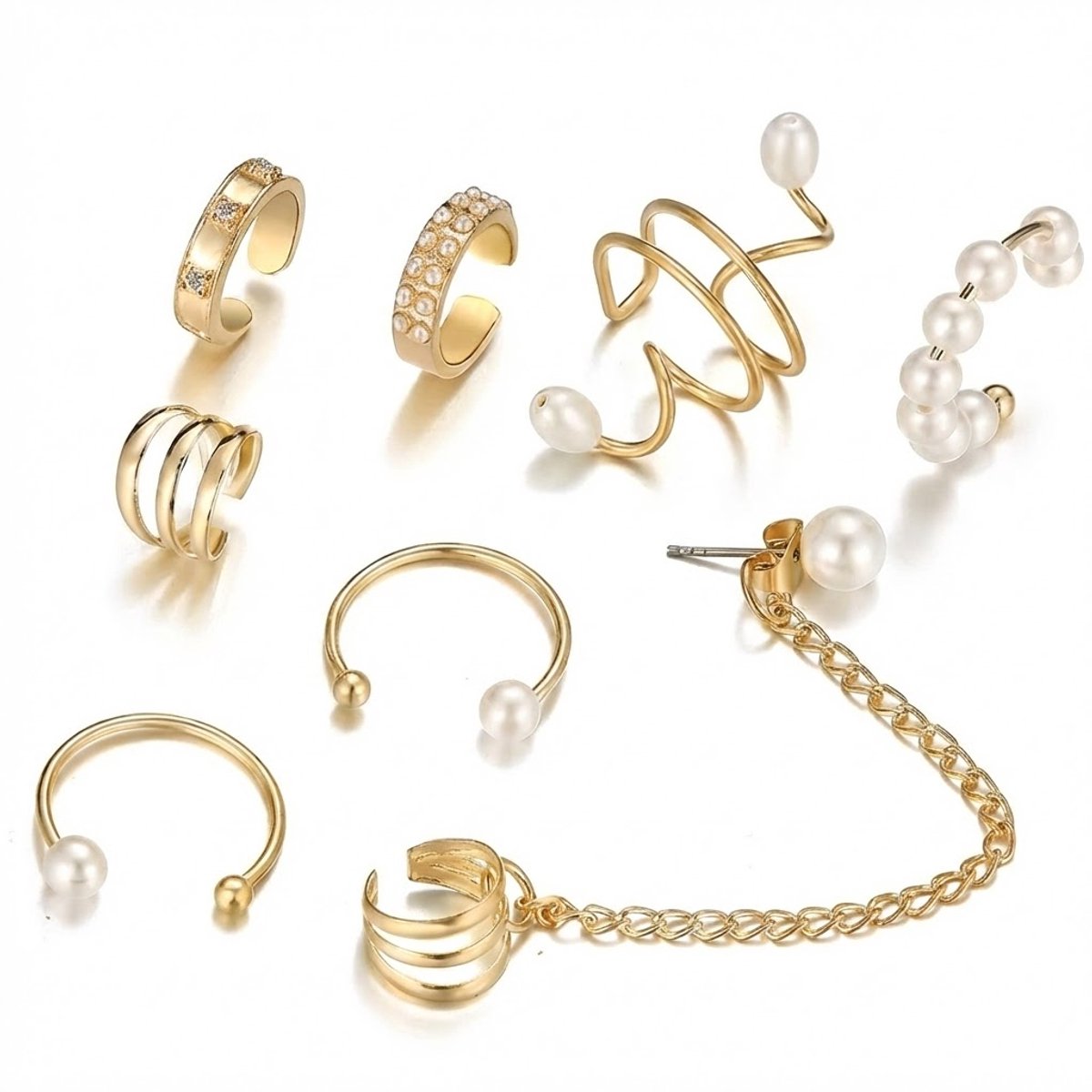 8 delige set Goudkleurige ear cuff stijl oorbellen set voor dames – meeste zonder gaatjes – mix van designs met parel details