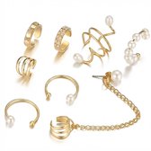 8 delige set Goudkleurige ear cuff stijl oorbellen set voor dames – meeste zonder gaatjes – mix van designs met parel details