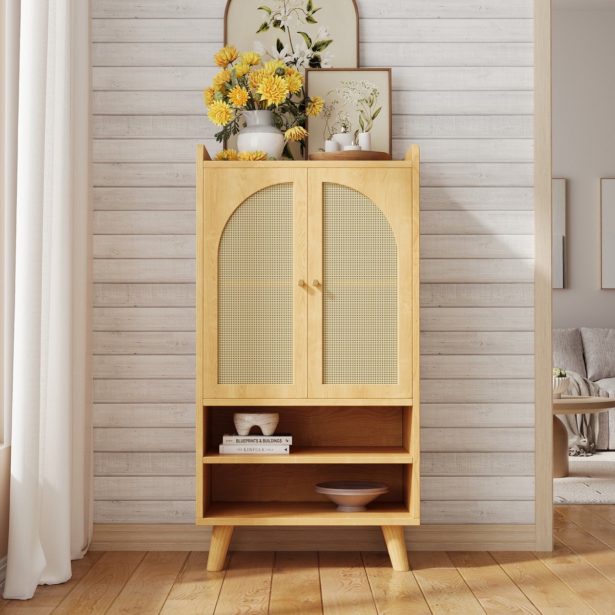 PHOEBE CAT Dressoir - Halmeubel - 2 rotan deuren - Open planken - 60×40×121 cm - Natuurlijke
