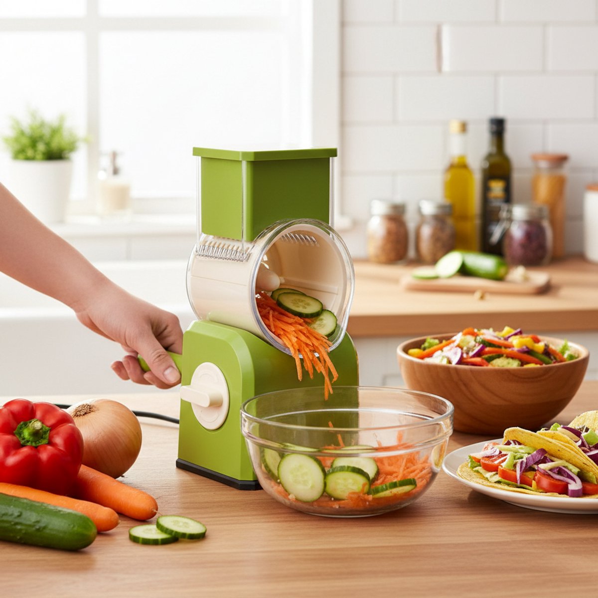CHIWIN 3-in-1 Groentesnijder – Spiralschneider, Julienne & Rasp – 6 Wisselbare Messen – Veilig Tornado Snijden voor Groenten, Fruit & Smoothies