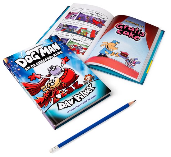 De Dog Man en de Cupcake-klus comic open, met een potlood ernaast.