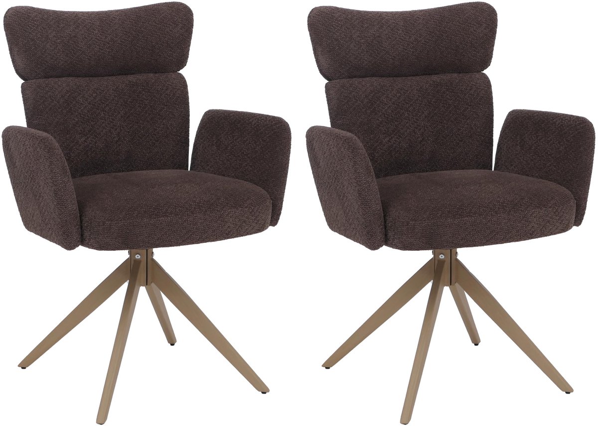Set van 2 eetkamerstoelen MCW-N11, stoel, draaibaar, Auto-Return, bouclé-stof 350 g/m², Oeko-Tex ~ donkerbruin, poten met houtlook