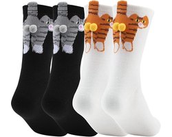 Grappige Kat Sokken - 2 paar - Grappige sokken - Huissokken - Vrolijke sokken dames - Zachte Katoenen Dames Sokken met Kat Motief - Leuke Dieren Sokken voor Kattenliefhebbers - One size sokken