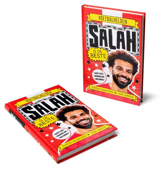Twee exemplaren van het boek 'Voetbalhelden Salah is de beste' met Mo Salah op de voorkant.