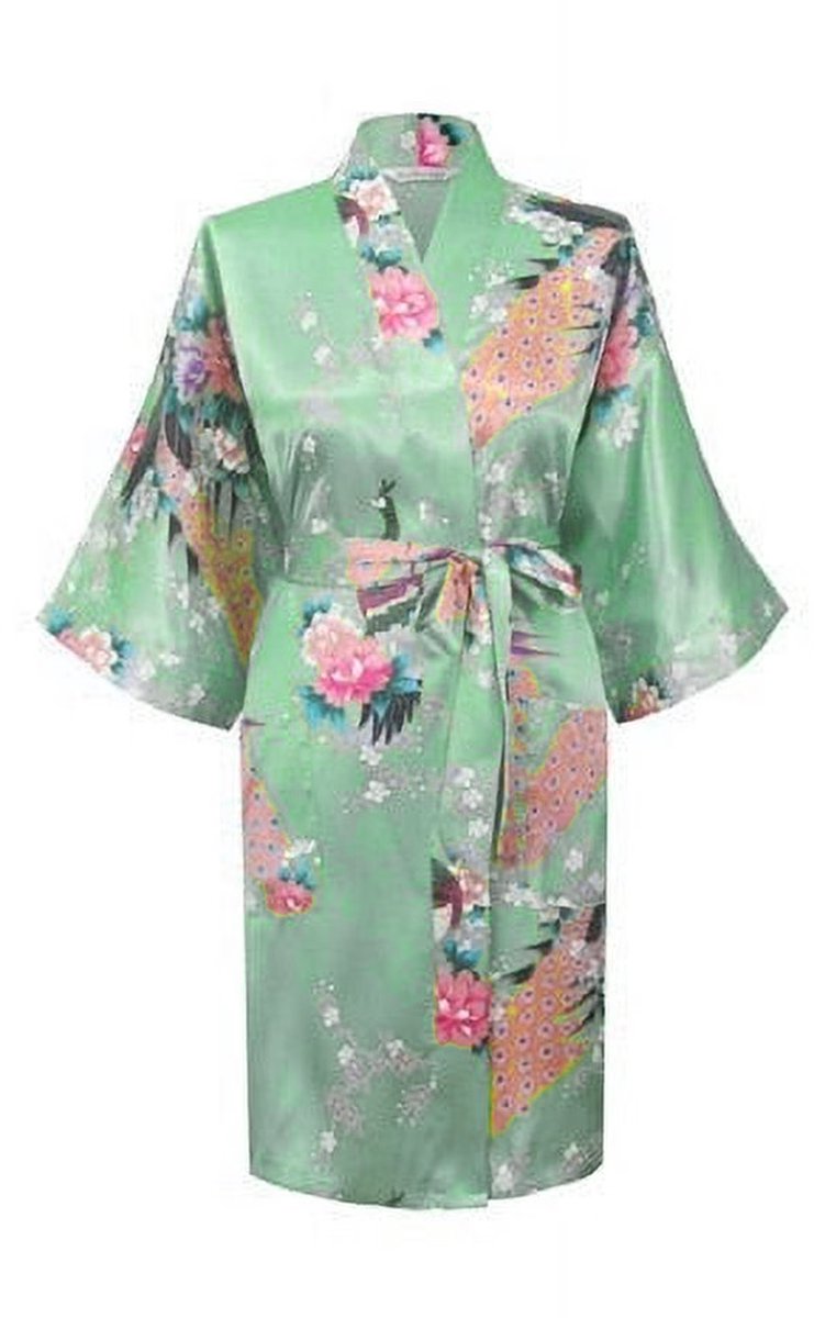 KIMU® Kimono Mintgroen Kort - Maat M-L - Yukata Satijn Boven de Knie - Korte Witte Ochtendjas Japanse Kamerjas Sexy Satijnen Badjas Geisha Pauwen Bloemetjes Festival