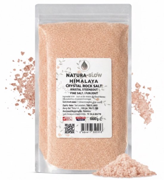 Zegelzak met fijn roze Himalaya kristalzout, 1000g. Gekorreld zout in hersluitbare verpakking met hoopje zout ernaast.