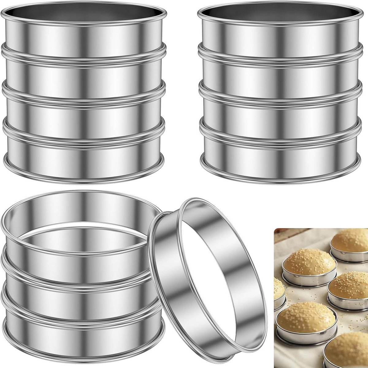 Set van 12 RVS Bakringen voor Pannenkoeken, Ei, Muffin en Taart - 10 cm