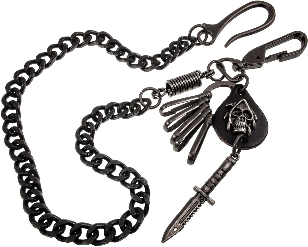 Urban Portemonneeketting met Zwart Leer en Metalen Details, Sleutelhanger, Broekketting – Heren