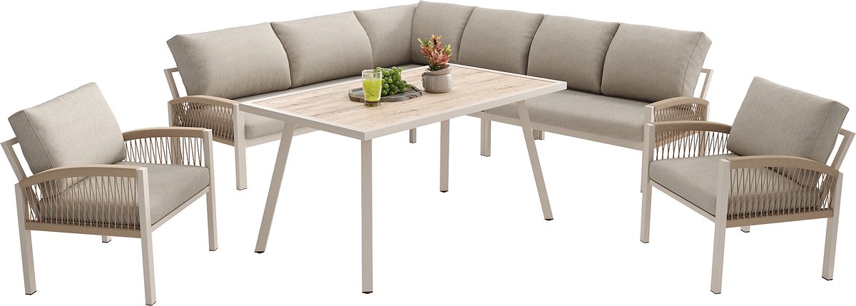 L-vormige tuinset voor 8 personen / IJzeren frame met beige kussens / Inclusief 1 tafel met houtlook glasplaat en 2 handgevlochten fauteuils / Weerbestendig
