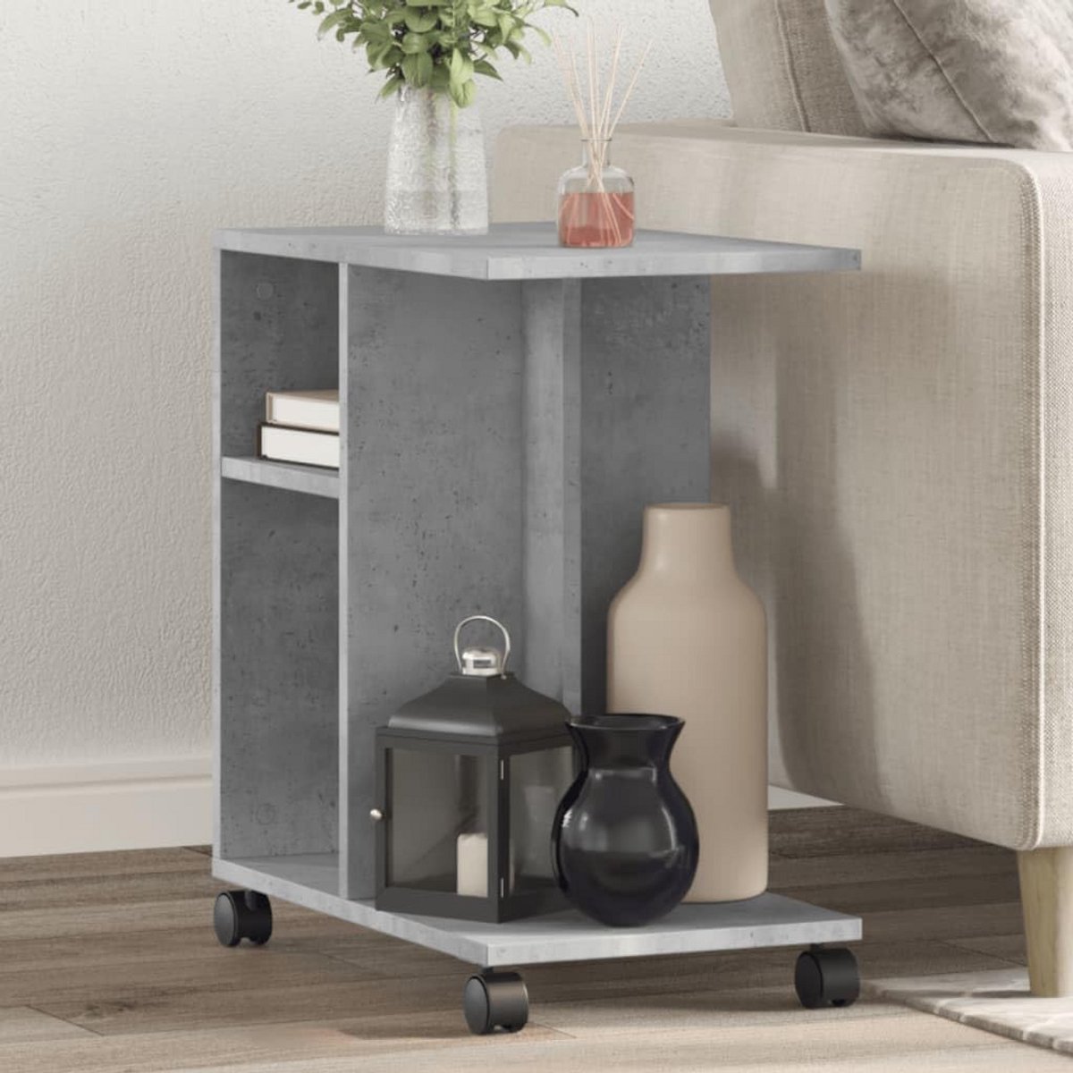 Moderne bijzettafel met wielen en opbergruimte - Cementgrijs