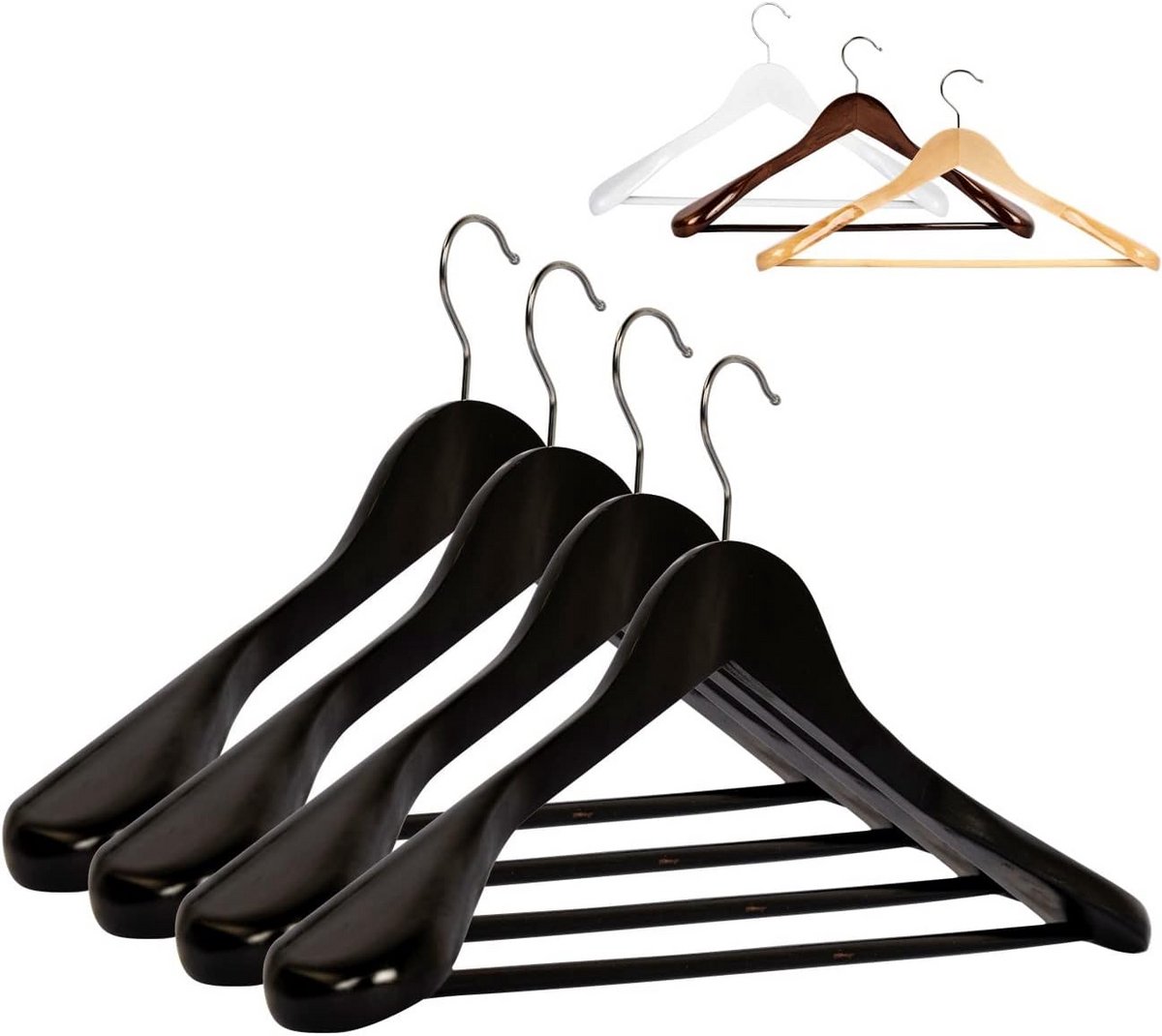 5x Houten Kledinghangers Zwart met Broekstang en Inkepingen - 44,5 cm
