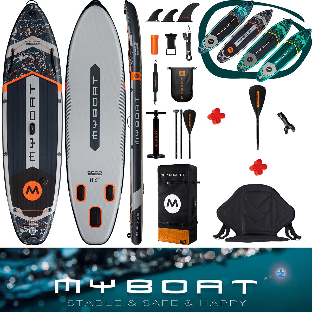MyBoat Bass Hunter PRO Peddel Boord voor Vissen | Extra zitje inbegrepen + vishengel houder | hengelhouder gemonteerd o/h Stand Up Sup Paddle Board | Dubbele Bungees, Sterke enkelvoudige of dubbele peddel blad te koppelen voor de kajak/kano ervaring