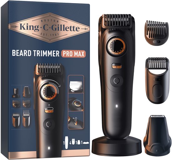 King C. Gillette Beard Trimmer Pro Max doos met trimmer, oplaadstandaard, kammen en details.