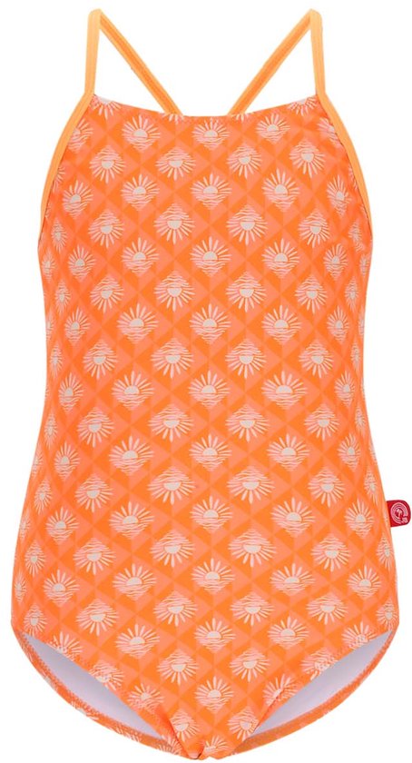 Oranje badpak met zon print en gekruiste bandjes. Klepje met hartje aan de zijkant.
