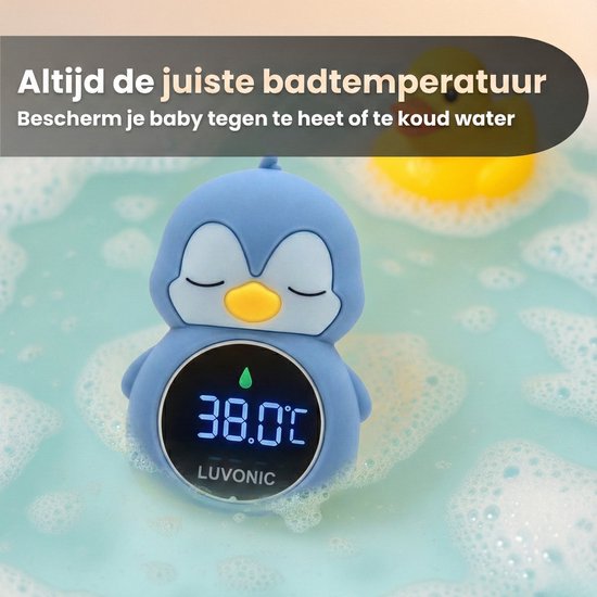 Luvonic® Badthermometer Baby - Digitale Waterthermometer met LED Display - Veilig & Oplaadbaar - Drijvend Bad Accessoire voor Baby’s - RGB - Pinguïn van Luvonic — afbeelding 5