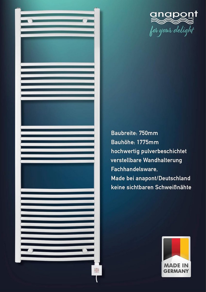 Elektrische badkamerradiator wit 1775x750mm Recht voor handdoekdroger