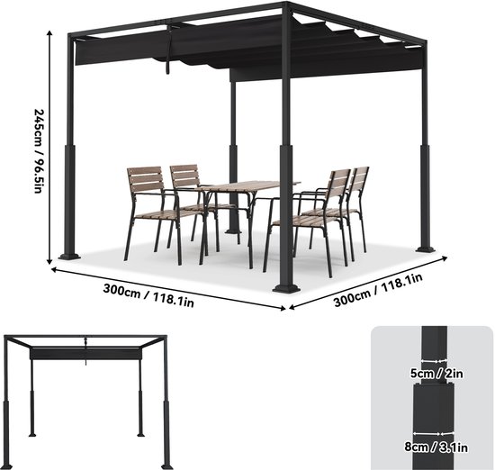 Pergola Met Uitklapbaar Dak 3x3m Stabiele Tuinpergola Met Staalframe En Schuifdak 245cm Hoog UV-Beschermend Partyzelt Voor Balkon Terras Strand Zwart NAIZY