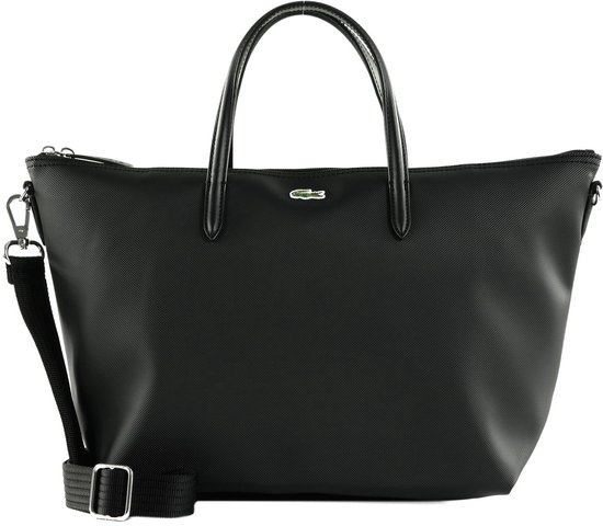Zwarte Lacoste shopper tas met hengsels, ritssluiting en krokodillenlogo.