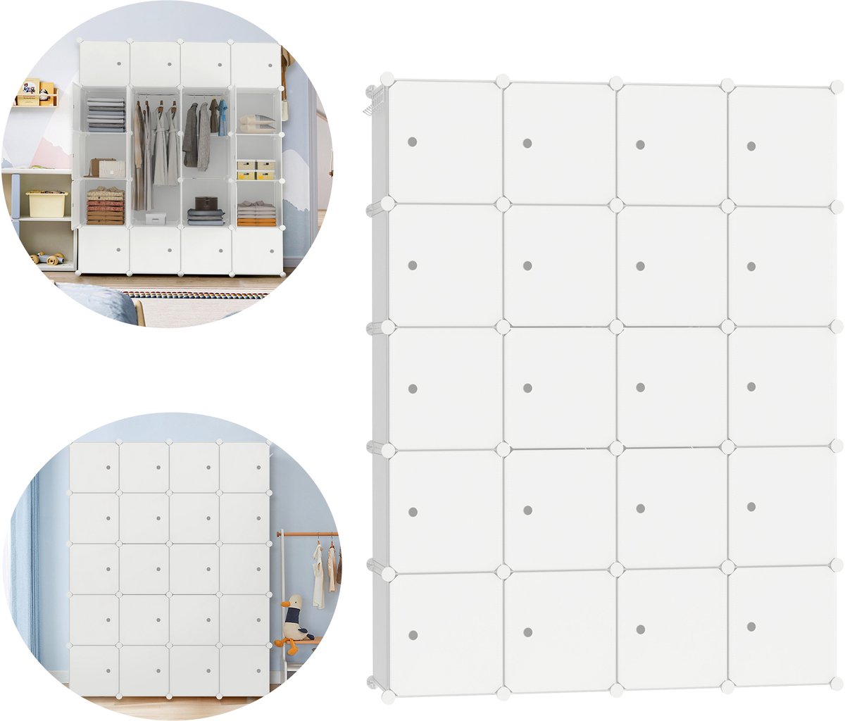 Froadp DIY-rekkensysteem Kledingkast Kast Garderobekast met deur Stekkerekkensysteem Garderoberekken Stekkerekken Staande rekken Wit (20 boxen met kledingkast)