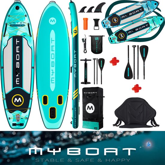 Aqu-turquoise supboards, peddels, pomp, tas, vinnen en zitje.
