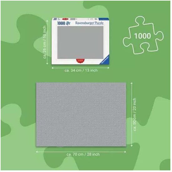 Afmetingen van de Ravensburger puzzel: 1000 stukjes, 70x50cm en de doos 34x23.5cm.