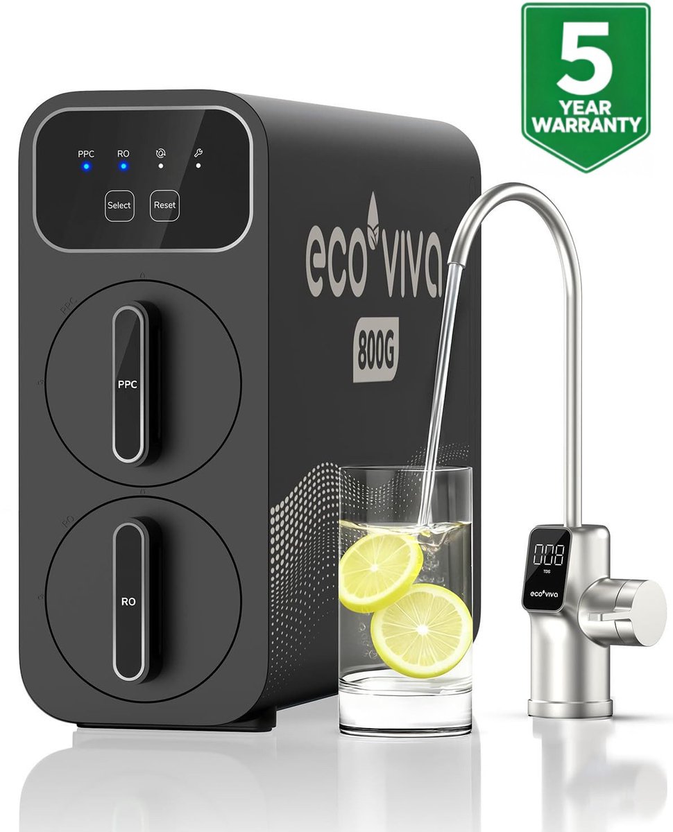 Ecoviva E8 Waterfilter – 9-Traps RO Systeem – 2,5:1 Zuiver Water tot Afvalwater – 800 GPD Hoge Doorstroming – Slimme Kraan met TDS-Display