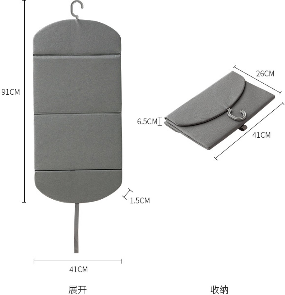 Opvouwbare strijkplank - Geschikt voor stoomstrijkijzers met hoge druk - Stevig hittebestendig oppervlak - Multifunctionele ophanghaak - Afmetingen: 91 x 41 cm - Grijs