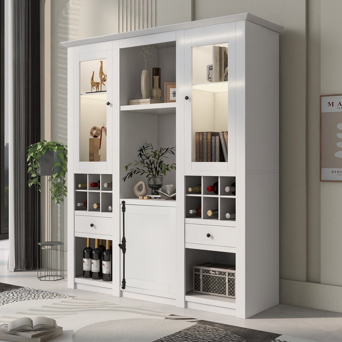 OKWISH Vitrinekast 143 X 45,5 X 170 Cm - Ledverlichting 16 Kleuren - Opbergvakken, Lades En Wijnvakken - MDF - Wit