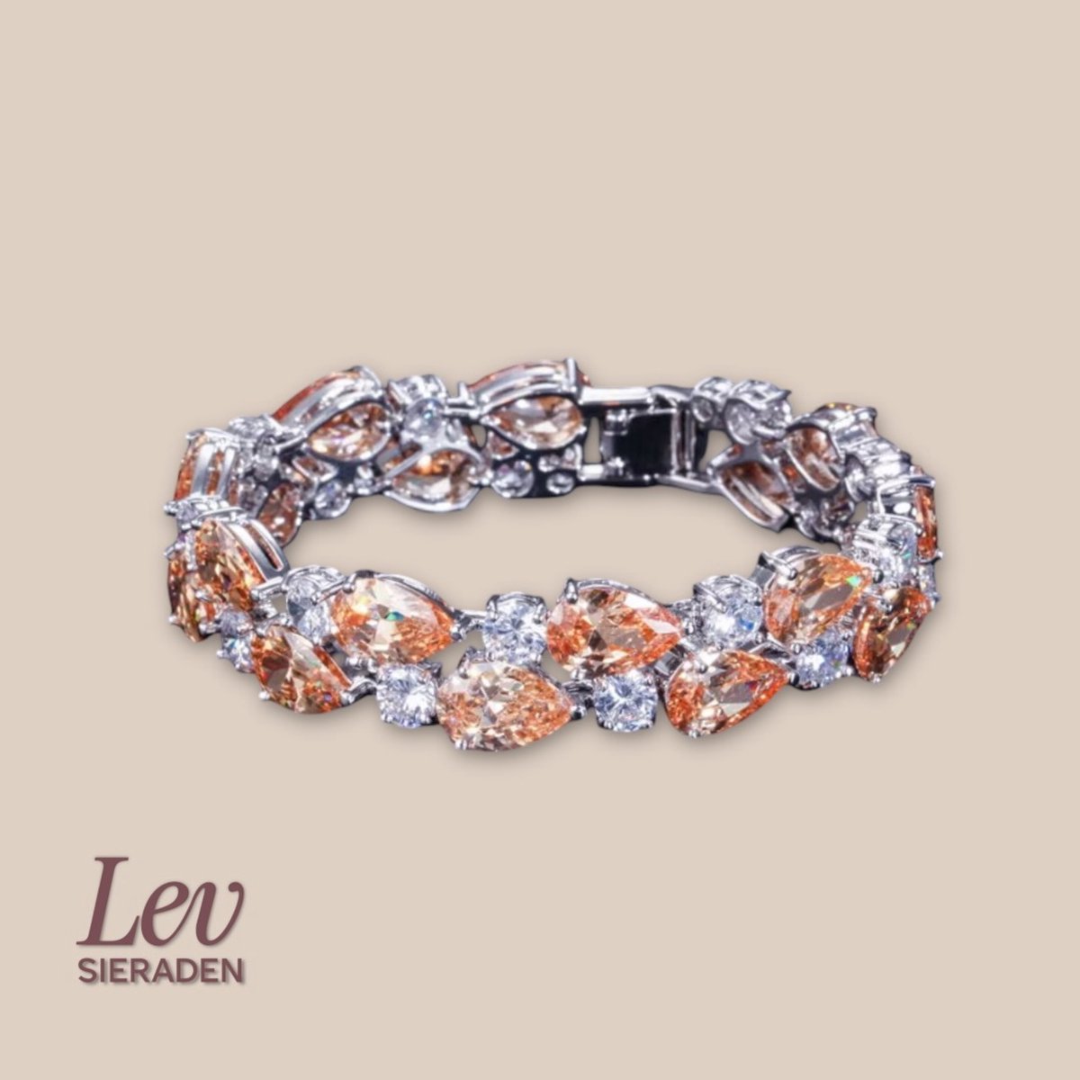 Lev Sieraden - Zilver plated Tennisarmband met Zirkonia champange en wit - Messing - 18.2cm - Pear cut