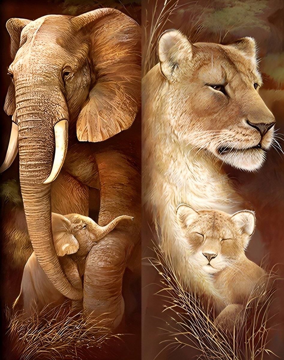 Diamond painting 2 luik - Leeuw en olifant - 2x 30x70cm - vierkante steentjes - volledig beplakt - Diamond painting by Wietske