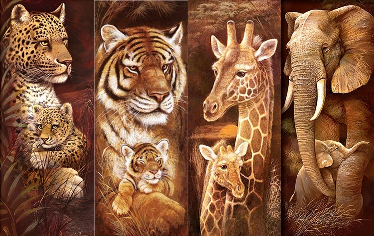 Diamond painting 4 luik - Giraffe, luipaard, olifant en tijger - 4x 30x70cm - vierkante steentjes - volledig beplakt - Diamond painting by Wietske