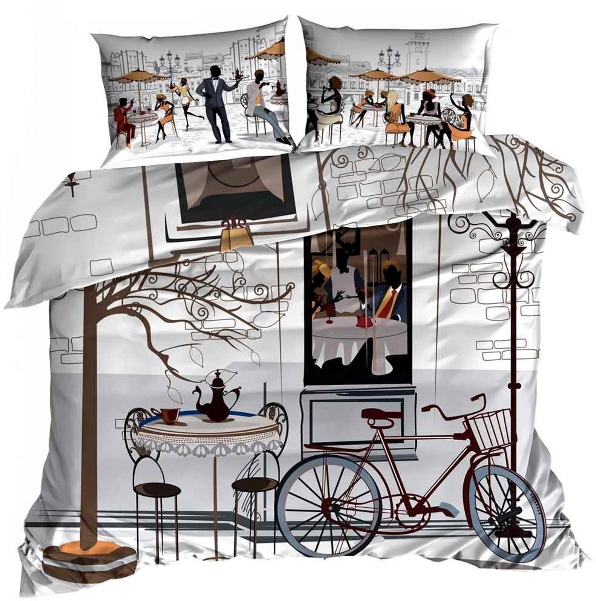 Luxe 3D Dekbedovertrekset - Katoen Satijn - 160x200 cm - Inclusief 2 Kussenslopen 70x80 cm - Design: Kawiarenka - Gezellig Café & Retro Illustratie
