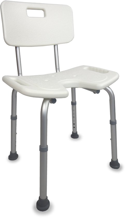 Mobiclinic Marisma - Douchestoel - In hoogte verstelbaar - Met uitsparing en rugleuning - Verstelbaar - Douchekruk - Antislip doppen - U-vormige - Wc stoel - Badkamerstoel - Wit