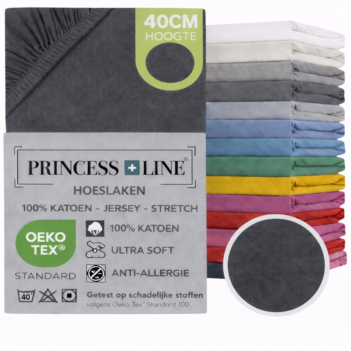 Princess Line- Comfortabel Ultra-Soft-Hoeslaken -100% katoen-Jersey -Stretch -Strijkvrij- Rondom elastiek-Hoekhoogte tot 40cm-Voor Boxspring-Waterbed-2Persoons-Lits-Jumeaux-200x200+40cm-Antraciet