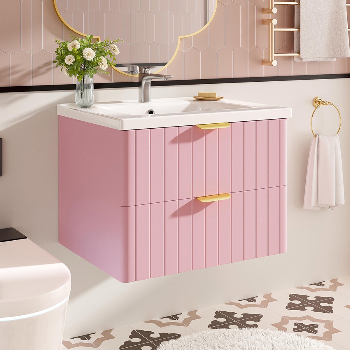 BLACKCOLORS Hangende wastafelkast met enkele wastafel, dubbele opbergruimte, vochtbestendig MDF, vuilbestendige keramische wastafel, melamine oppervlak zonder lak, ruimtebesparend, roze