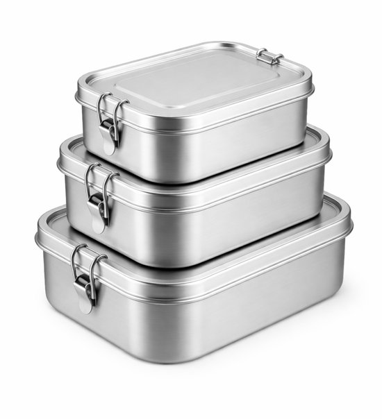 Trois boîtes à lunch en acier inoxydable avec clips de fermeture, empilées sur un fond blanc.